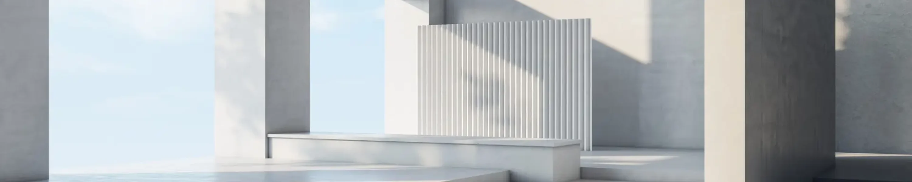 Perspective view on modern architecture design project of spacious concrete hall with blue sky on background. 3D rendering